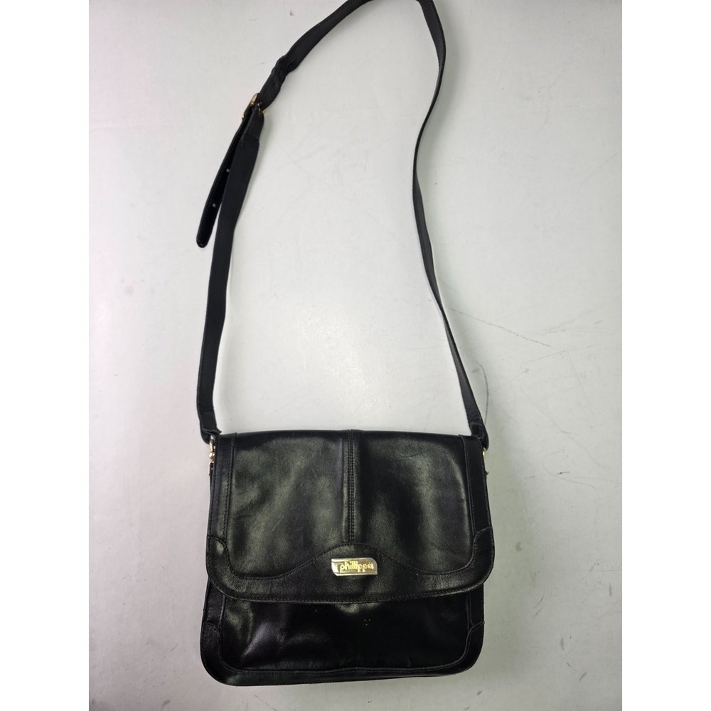 Vintage Philippe Women's Crossbody‎ Bag Black Leather Shoulder Bag Purse - Picture 6 of 15